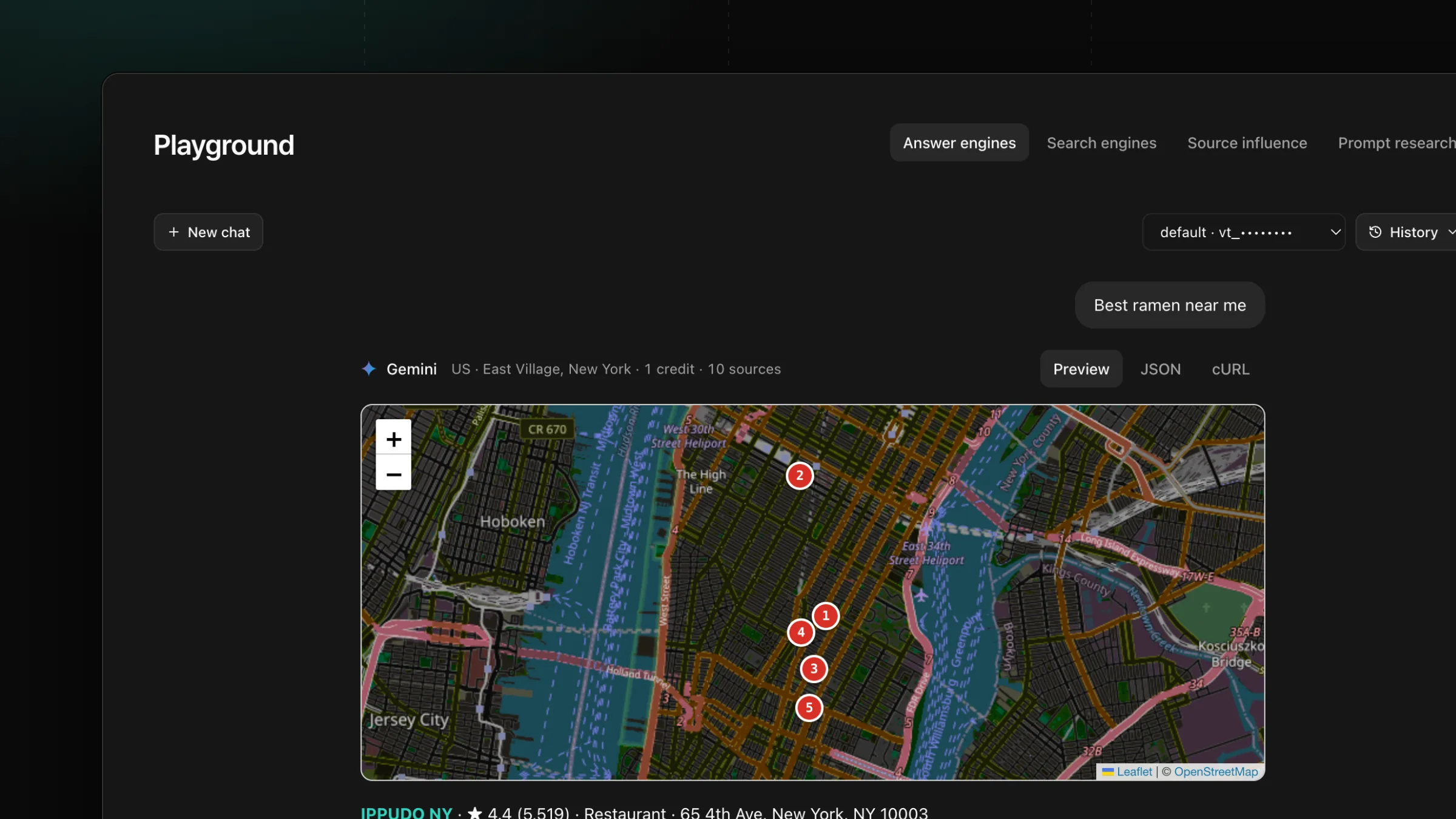 Eine Gemini-Antwort zu Ramen nahe dem East Village, mit nummerierten Orten auf einer Karte