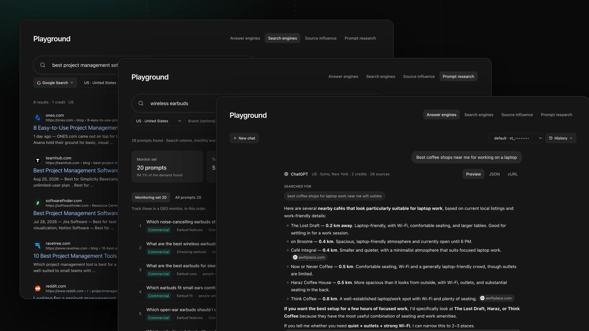 Trois écrans du Playground : résultats Google Search, Recherche de prompts et réponse de ChatGPT localisée