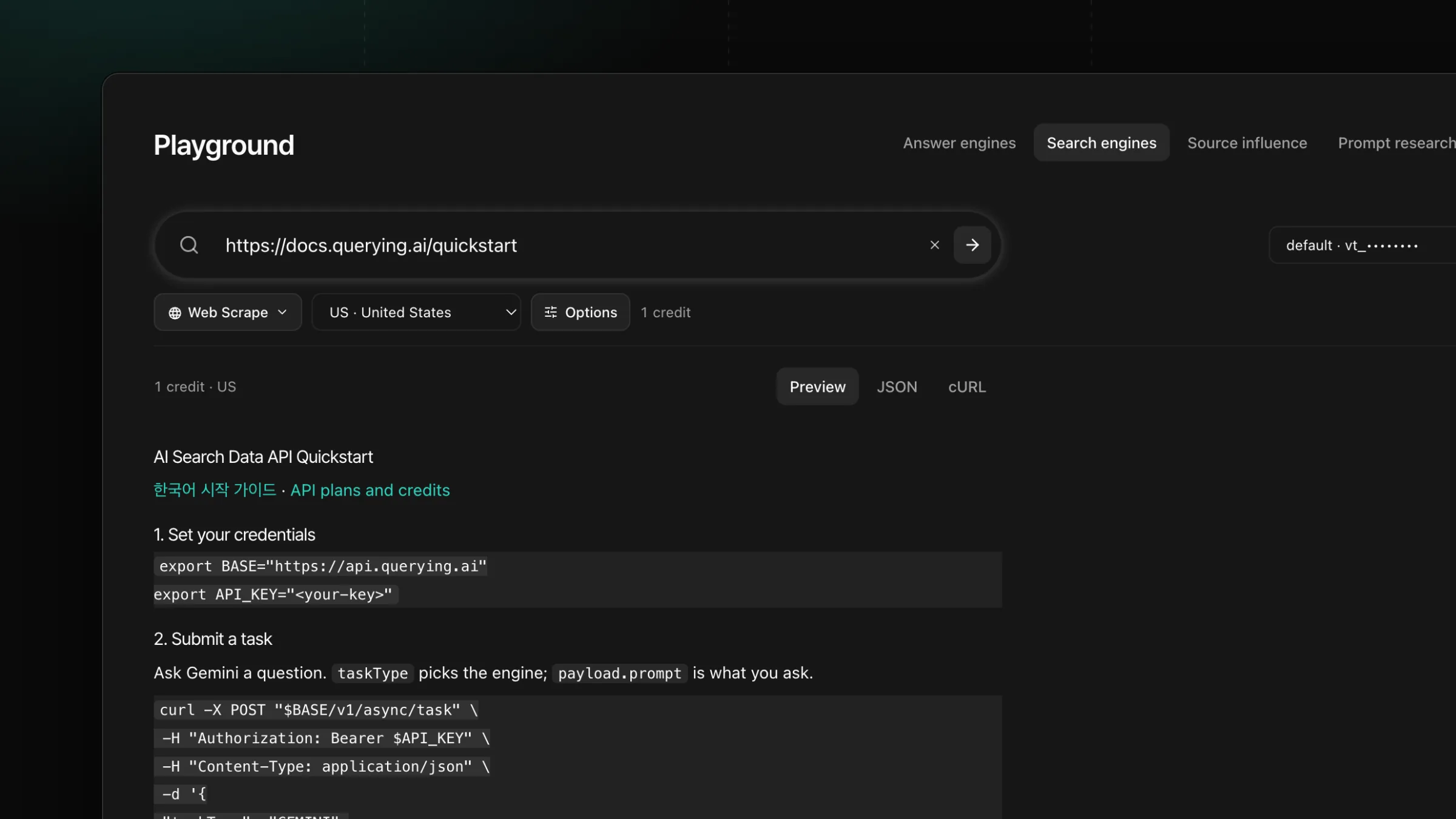 Web Scrape im Playground: die querying.ai-Schnellstartseite als Markdown