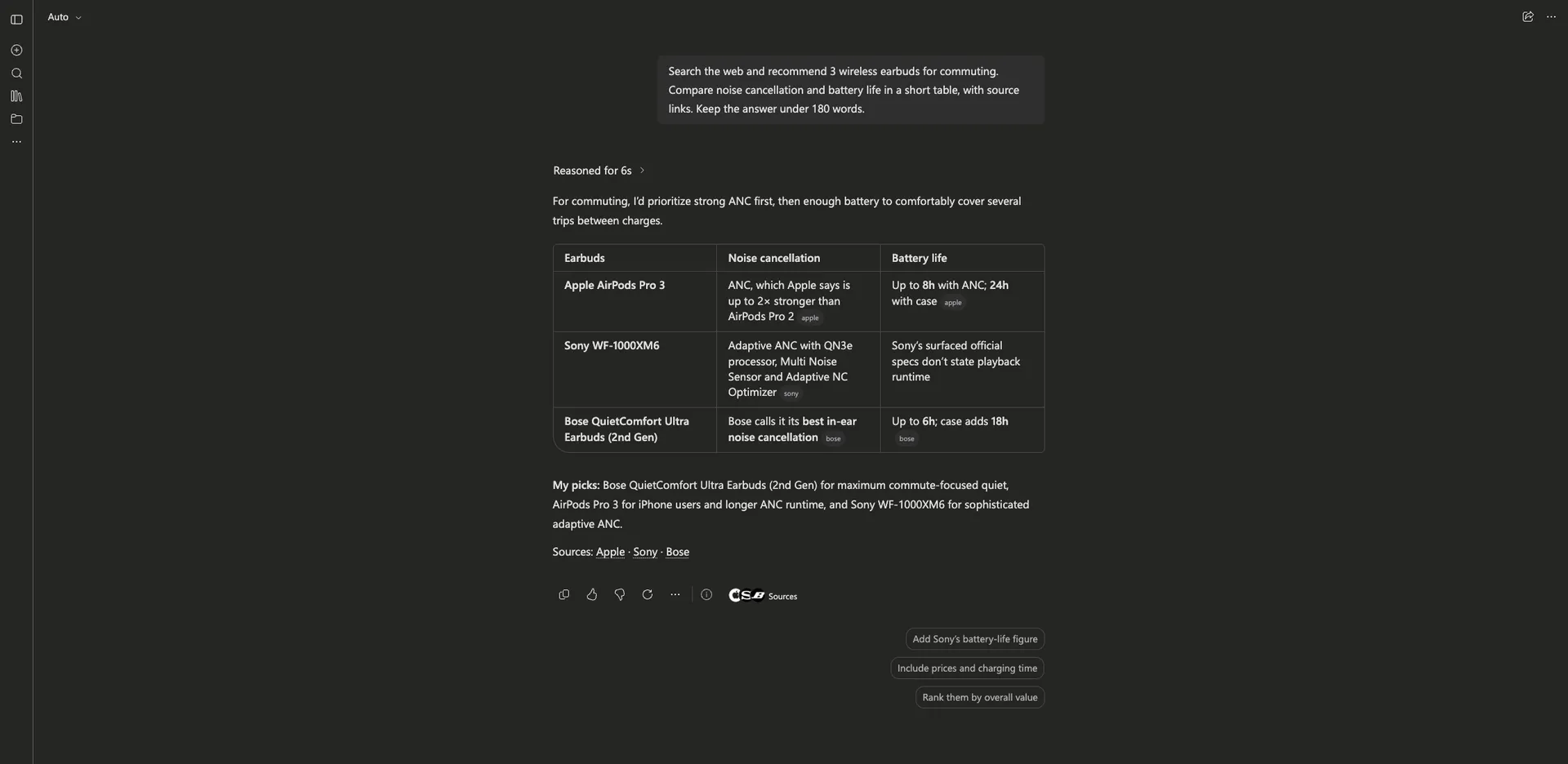 Bing Copilot answer comparing wireless earbuds in a table, with citation chips and source links.