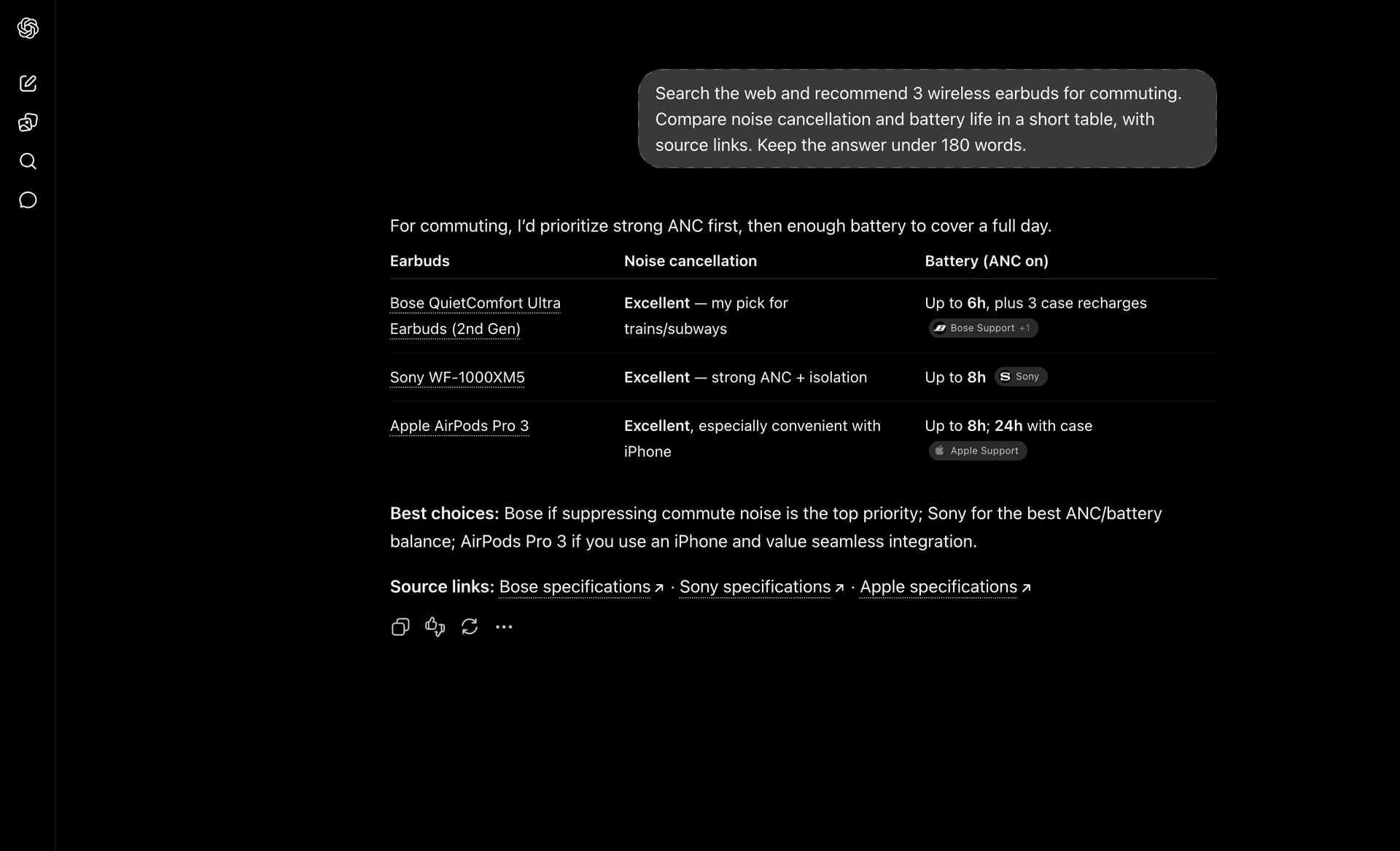 ChatGPT web search answer comparing wireless earbuds in a table with source chips and links.