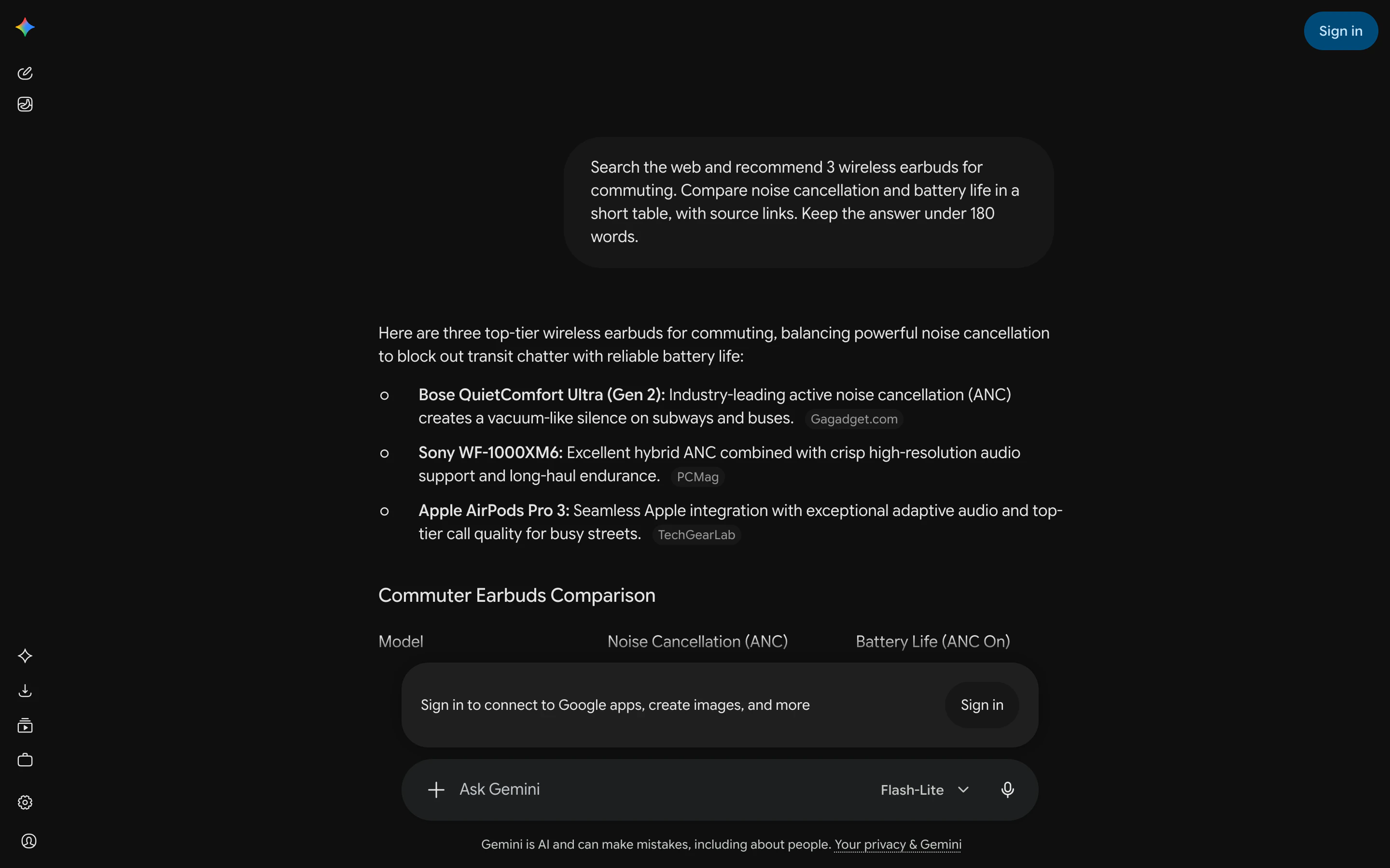Gemini showing the full question and three earbud picks, each with a source chip, above a comparison table.