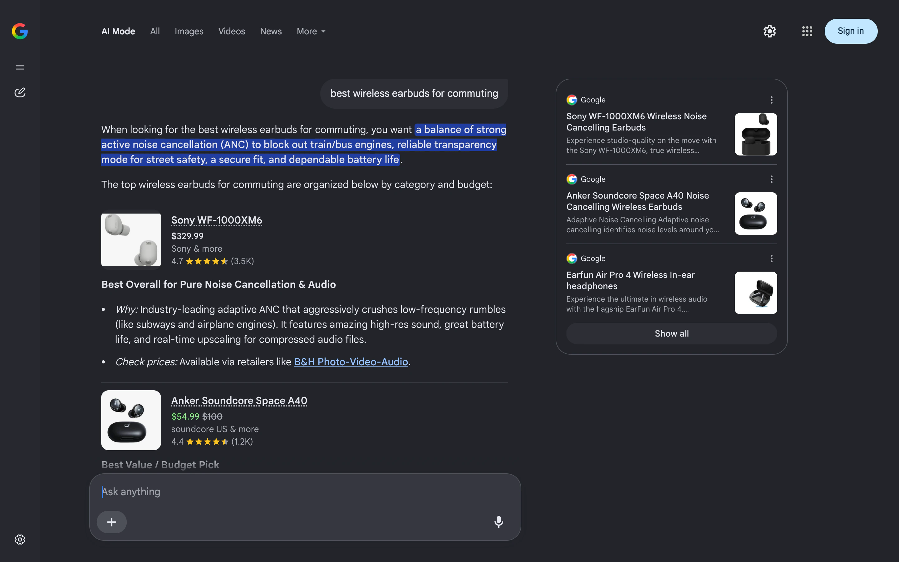 Google AI Mode answer recommending earbuds with product cards, a source panel and a follow-up input.