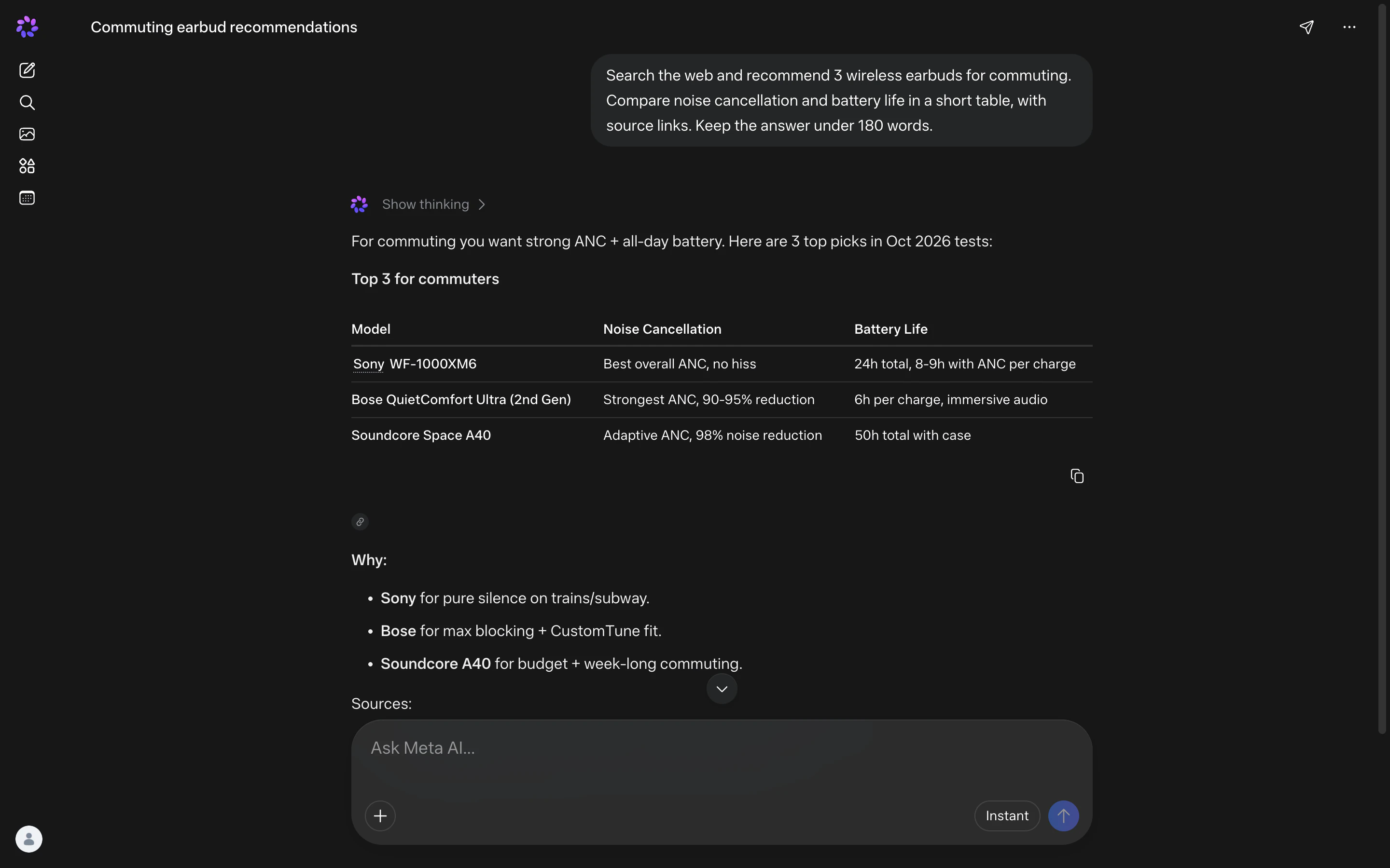 Meta AI showing the full question and three earbud picks in a comparison table of noise cancellation and battery life.